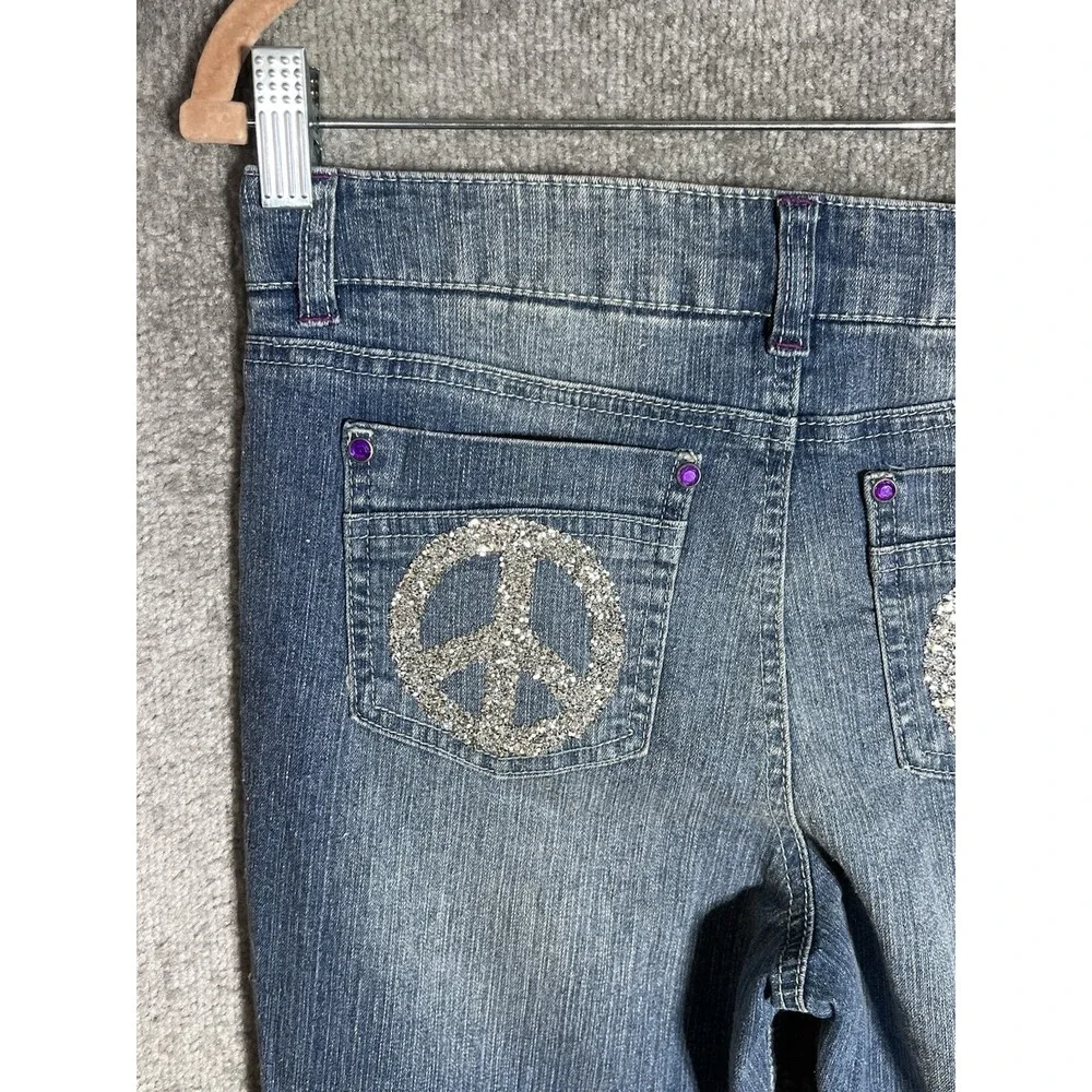 JOLT Jeans Girls‎ Size 16 Blue Bootcut BLING Beads Rhinestone PEACE Sign Pockets